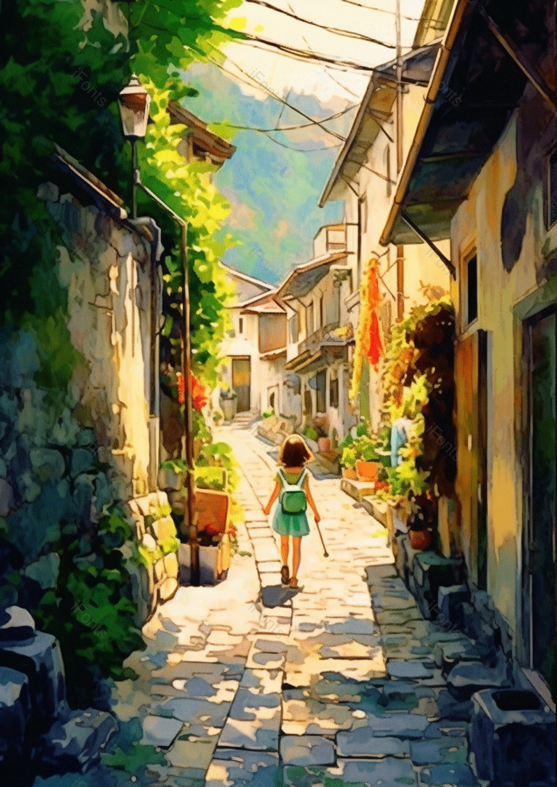 童年古风建筑物女孩走路背影图手绘插画图,插画/手绘图,插画/手绘图库,插画/手绘图下载,插画/手绘